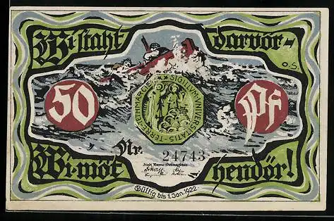 Notgeld Marne 1922, 50 Pfennig, Seeunglück auf dem Meer