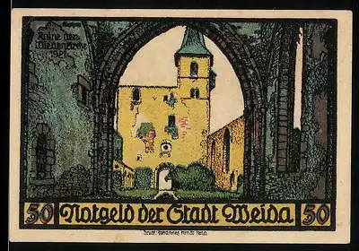 Notgeld Weida 1921, 50 Pfennig, Blick auf eine Ruine, Ortsansicht