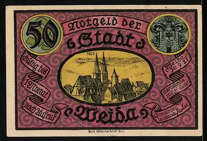 Notgeld Weida 1921, 50 Pfennig, Blick auf eine Ruine, Ortsansicht