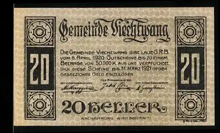 Notgeld Viechtwang 1921, 20 Heller, Ortsansicht