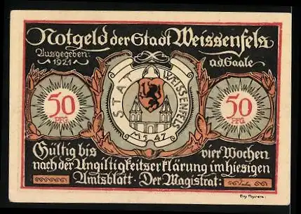 Notgeld Weissenfels a.d. Saale, 50 Pfennig, Schuhfabrik, Wappen