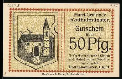 Notgeld Rotthalmünster 1921, 50 Pfennig, Blick auf die Kirche