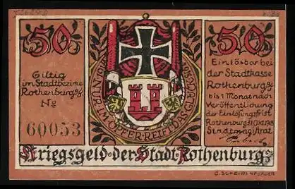 Notgeld Rothenburg 1918, 50 Pfennig, Soldat in Position, Wappen