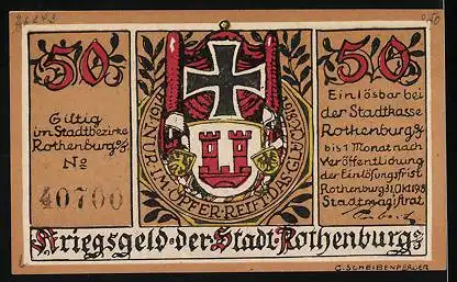 Notgeld Rothenburg 1918, 50 Pfennig, Ortsansicht, Soldat in Uniform