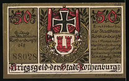 Notgeld Rothenburg 1918, 50 Pfennig, Ortsansicht, Stadtwappen