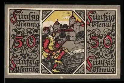 Notgeld Rothenburg 1918, 50 Pfennig, Soldat mit Ornamenthintergrund, Wappen