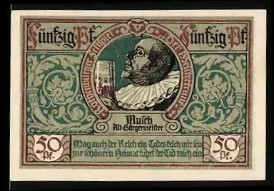 Notgeld Rothenburg ob der Tauber 1921, 50 Pfennig, Portrait Mulch Alt-Bürgermeister