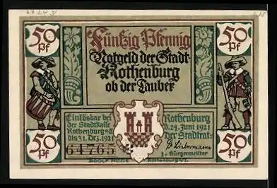 Notgeld Rothenburg ob der Tauber 1921, 50 Pfennig, Portrait Mulch Alt-Bürgermeister