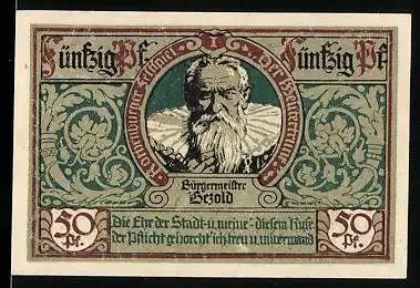 Notgeld Rothenburg ob der Tauber 1921, 50 Pfennig, Portrait von Bürgermeister Bezold