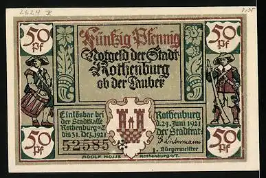 Notgeld Rothenburg ob der Tauber 1921, 50 Pfennig, Portrait von Bürgermeister Bezold