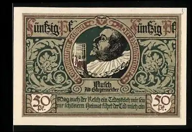 Notgeld Rothenburg ob der Tauber 1921, 50 Pfennig, Portrait von Mulch Alt-Bürgermeister