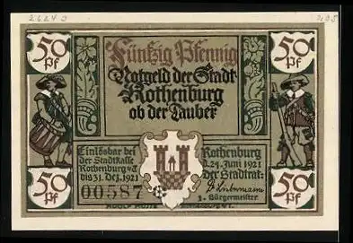 Notgeld Rothenburg ob der Tauber 1921, 50 Pfennig, Portrait von Mulch Alt-Bürgermeister