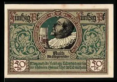 Notgeld Rothenburg ob der Tauber 1921, 50 Pfennig, Alt-Bürgermeister mit Ornamenthintergrund