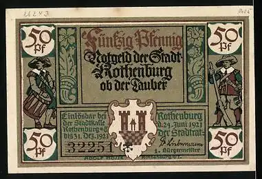 Notgeld Rothenburg ob der Tauber 1921, 50 Pfennig, Alt-Bürgermeister mit Ornamenthintergrund