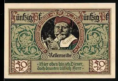 Notgeld Rothenburg ob der Tauber 1921, 50 Pfennig, Portrait von dem Kellermeister