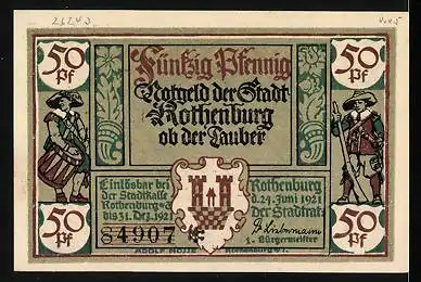 Notgeld Rothenburg ob der Tauber 1921, 50 Pfennig, Portrait von dem Kellermeister