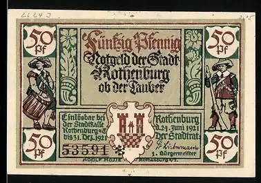 Notgeld Rothenburg ob der Tauber 1921, 50 Pfennig, Stadtwappen, Kellermeister mit Bierkrug