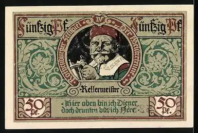 Notgeld Rothenburg ob der Tauber 1921, 50 Pfennig, Stadtwappen, Kellermeister mit Bierkrug