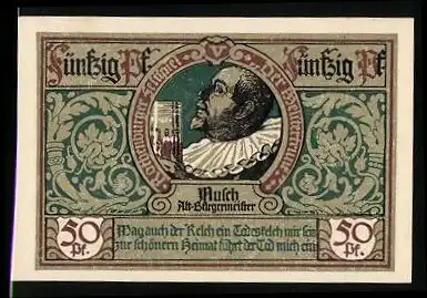 Notgeld Rothenburg ob der Tauber 1921, 50 Pfennig, Mulch der Alt-Bürgermeister