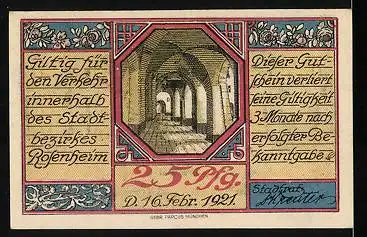 Notgeld Rosenheim 1921, 25 Pfennig, Ortsansicht mit Kirchturm