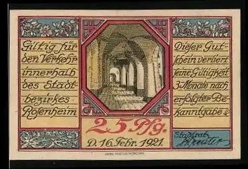 Notgeld Rosenheim 1921, 25 Pfennig, Strassenansicht mit Kirche