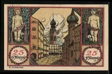 Notgeld Rosenheim 1921, 25 Pfennig, Strassenansicht mit Kirche