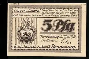 Notgeld Ronneburg 1921, 5 Pfennig, Stadtwappen, Bismarcksäule