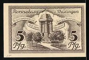 Notgeld Ronneburg 1921, 5 Pfennig, Stadtwappen, Bismarcksäule