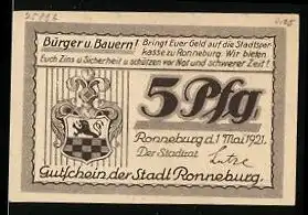 Notgeld Ronneburg i. Thür. 1921, 5 Pfennig, Stadtwappen, Bismarcksäule