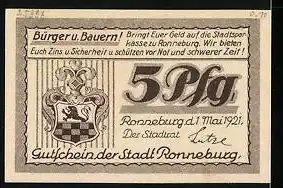 Notgeld Ronneburg i. Thür. 1921, 5 Pfennig, Blick auf die Bismarcksäule