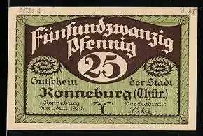 Notgeld Ronneburg Thür. 1920, 25 Pfennig, Blick zur Kirche