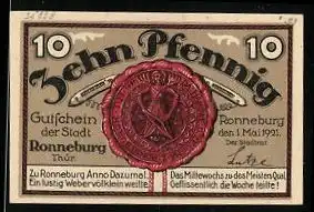 Notgeld Ronneburg Thür. 1921, 10 Pfennig, Stadtwappen, Unteres Tor um 1717