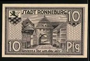 Notgeld Ronneburg Thür. 1921, 10 Pfennig, Stadtwappen, Unteres Tor um 1717