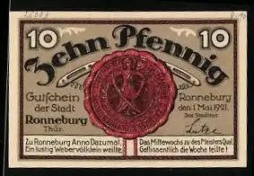 Notgeld Ronneburg Thür. 1921, 10 Pfennig, Stadtwappen, Ortsansicht Unteres Tor