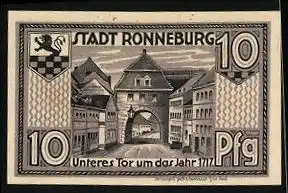 Notgeld Ronneburg Thür. 1921, 10 Pfennig, Stadtwappen, Ortsansicht Unteres Tor