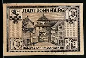 Notgeld Ronneburg Thür. 1921, 10 Pfennig, Stadtansicht unteres Tor um das Jahr 1717