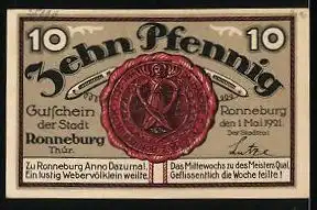 Notgeld Ronneburg Thür. 1921, 10 Pfennig, Stadtansicht unteres Tor um das Jahr 1717