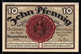 Notgeld Ronneburg Thür. 1921, 10 Pfennig, Stadtwappen Kerzensiegel, unteres Tor