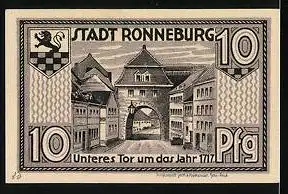 Notgeld Ronneburg Thür. 1921, 10 Pfennig, Stadtwappen Kerzensiegel, unteres Tor