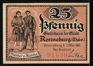 Notgeld Ronneburg Thür. 1921, 25 Pfennig, Schloss Ronneburg, Trachtenpaar