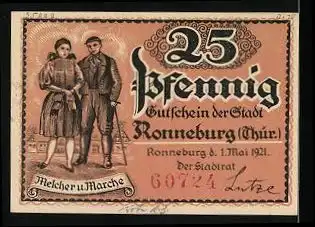 Notgeld Ronneburg Thür. 1921, 25 Pfennig, Schloss Ronneburg, Stadtwappen
