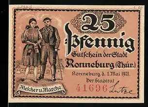 Notgeld Ronneburg Thür. 1921, 25 Pfennig, Pärchen in Tracht, Schloss
