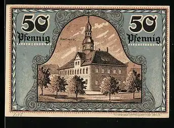 Notgeld Ronneburg Thür. 1921, 50 Pfennig, Blick auf das Rathaus