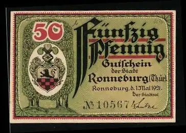 Notgeld Ronneburg Thür. 1921, 50 Pfennig, Stadtwappen, Rathaus