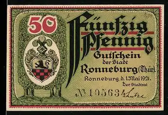 Notgeld Ronneburg Thür. 1921, 50 Pfennig, Eiche mit Wappen, Rathaus
