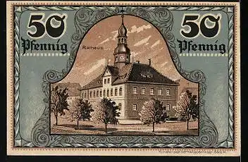 Notgeld Ronneburg Thür. 1921, 50 Pfennig, Eiche mit Wappen, Rathaus