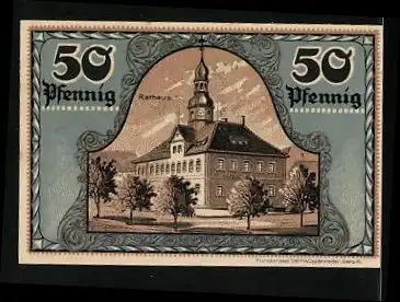 Notgeld Ronneburg / Thür. 1921, 50 Pfennig, Wappen und Eiche, Rathaus