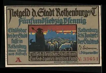 Notgeld Rothenburg ob der Tauber, 75 Pfennig, Schäfer mit Gattin, Schäfer mit Herde am Stadtrand