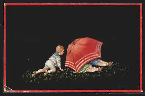 Künstler-AK Wally Fialkowska: Bube beobachtet ein Kinderpaar unter dem Regenschirm