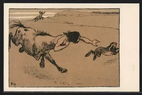 Künstler-AK Otto Fikentscher: Hasenjagd, Zentaur jagen einen Hasen, Pferdemenschen